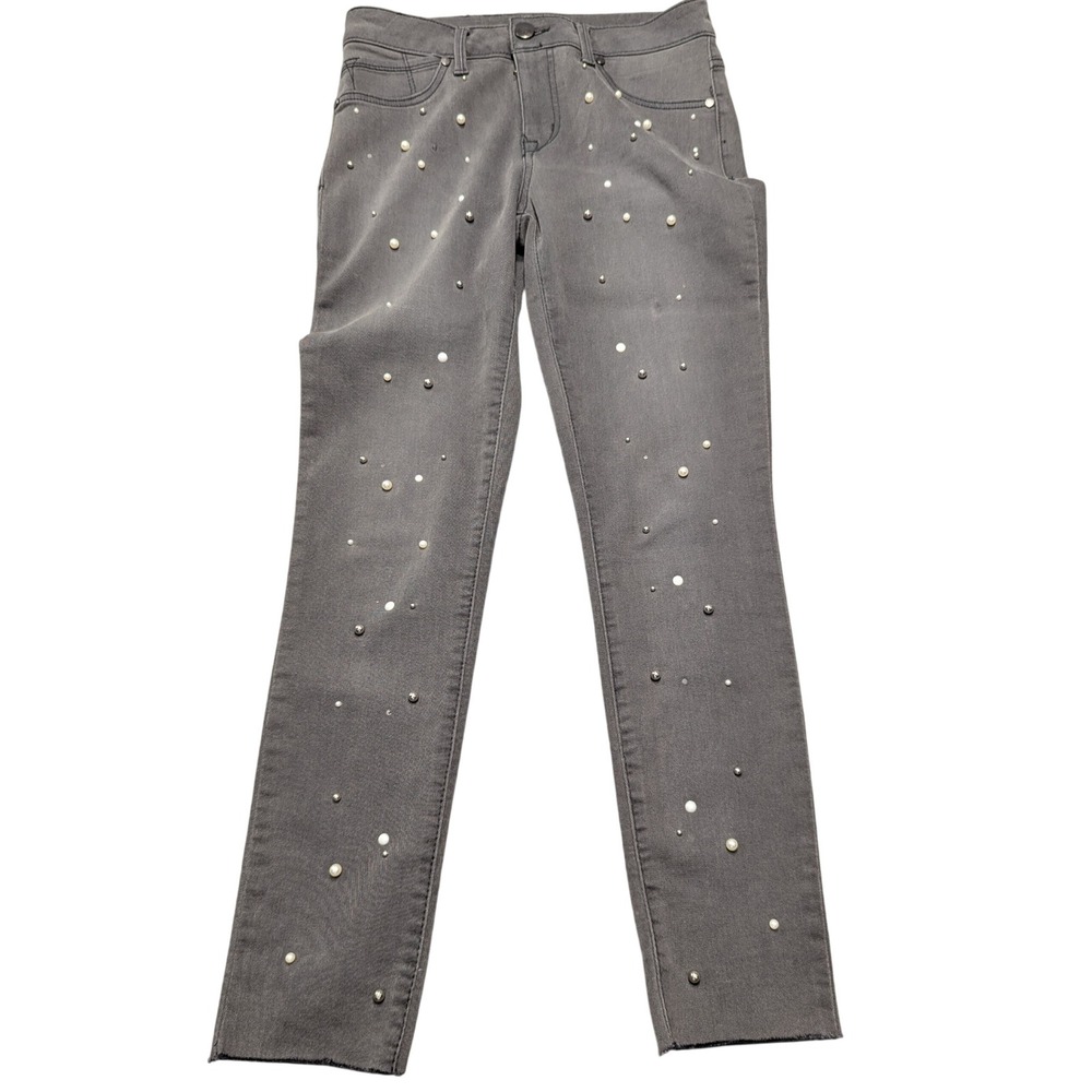 1822 Denim Gray Pearl Embellished Raw Hem Skinny Jeans CJ5M1600A6 Womens 10